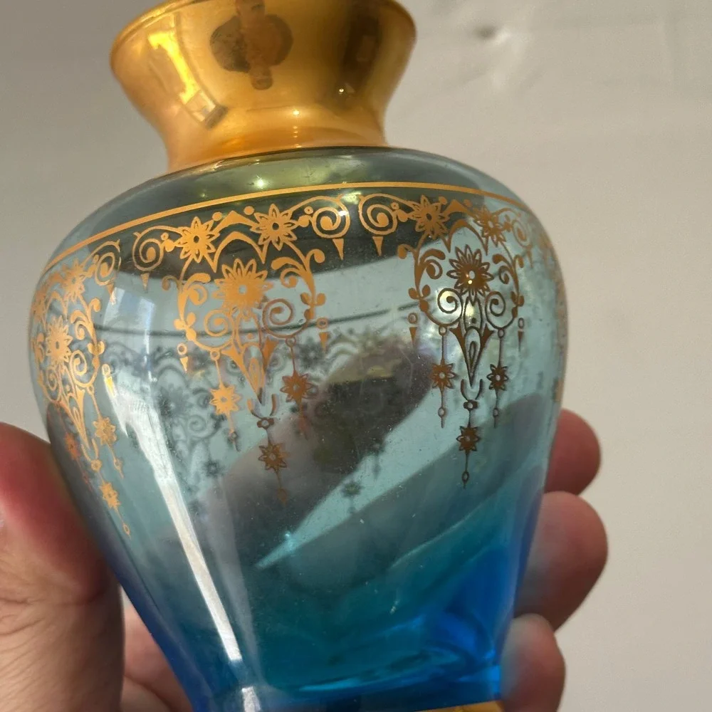 Vintage Venezia Turquoise Blue Glass Bud Vase Gold Painted Filigree Trim 5